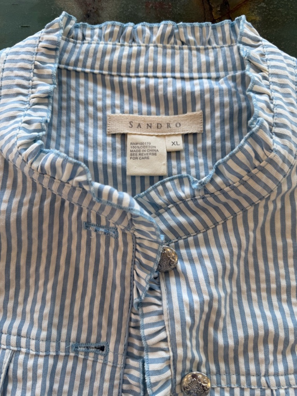 Sandro Women's Ruffled Seersucker Striped Cotton Button Up Blazer XL - Picture 5 of 8